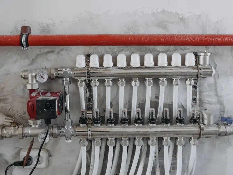 Heating pipework and valves in a plant room
