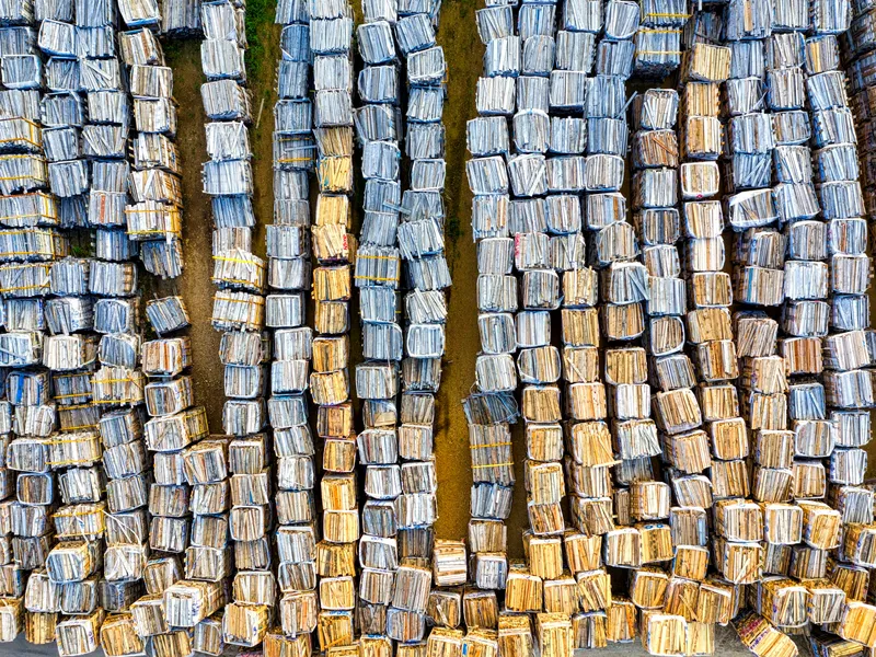 Rows of compressed cardboard bales sorted for recycling, seen from above