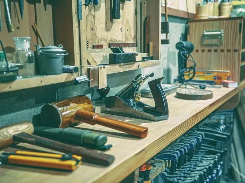 A tidy small-business workshop with hand tools on the bench